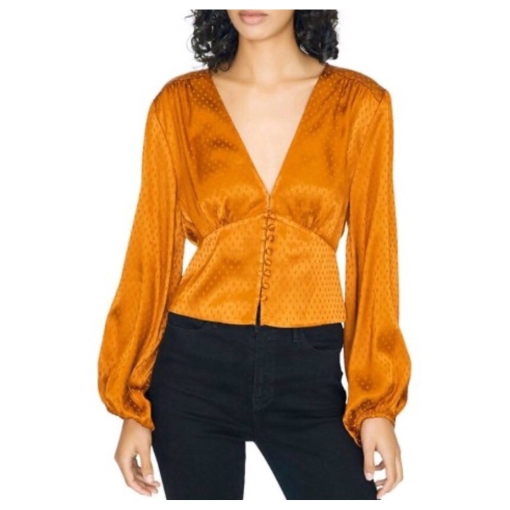 Sanctuary Satin‎ Jacquard Deep V-Neck Blouse Top Copper Orange NWT Medium